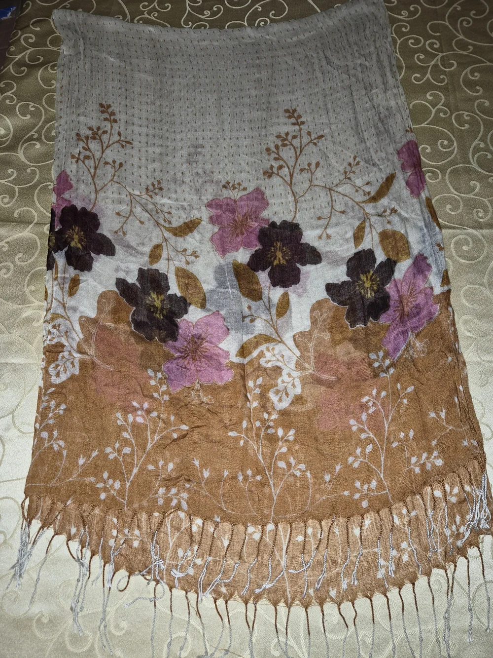 Floral Lightweight Scarf in Brown, Cream & Pink